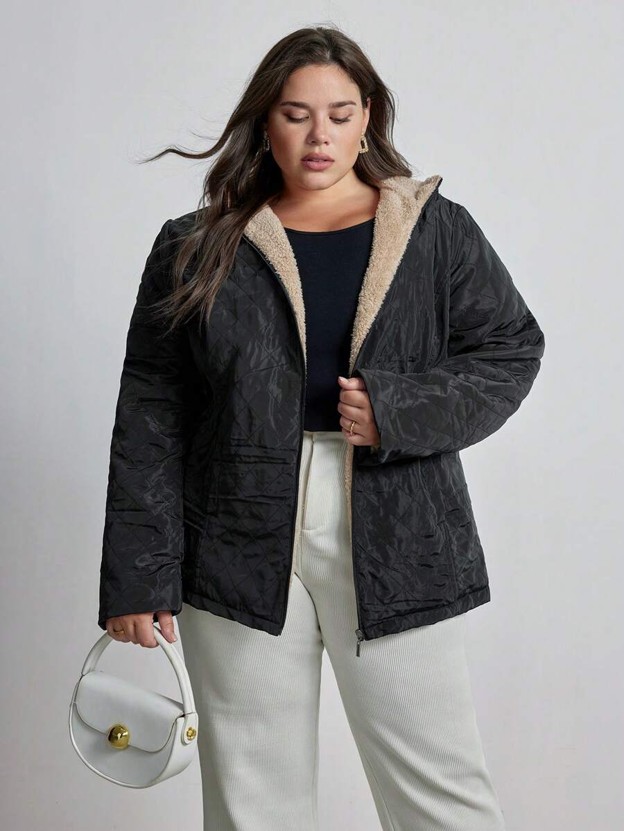 Aveloria Manteau matelassé à capuche avec motif rhomboïde minimaliste et . Vêtements d'hiver, grande taille pour le trajet domicile-travail - Noir - Voir 1