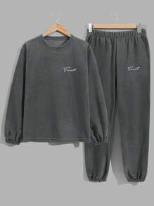 RueChic Men's Comfortable Casual Basic Style Flocked Graphic Home Set - Dark Grey - View 1