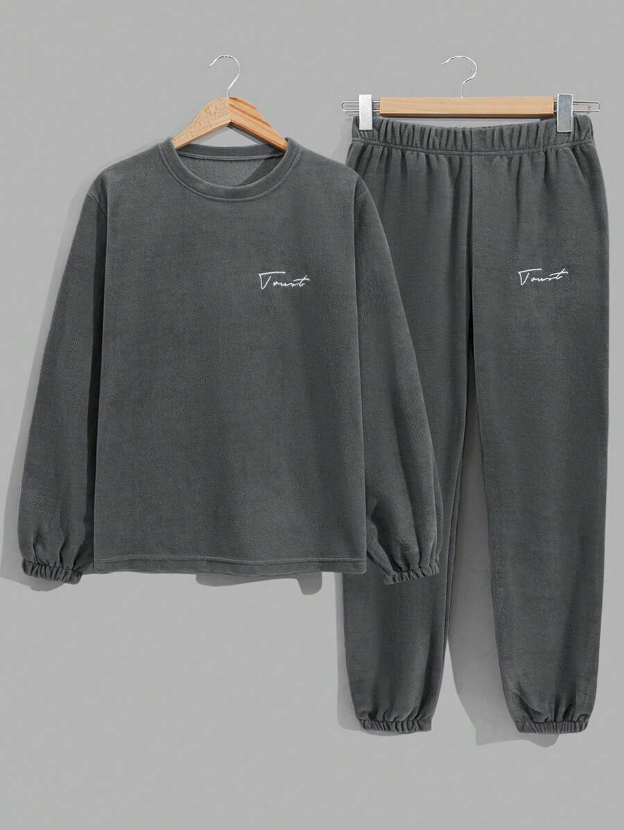 RueChic Men's Comfortable Casual Basic Style Flocked Graphic Home Set - Dark Grey - View 1