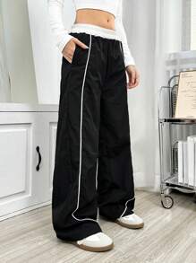 SHEIN Explorewe Quần ống rộng dáng rộng cho bé gái tuổi teen phù hợp cho các dịp hàng ngày, đi làm, thường ngày và đi học, mùa thu - màu đen - Xem 6