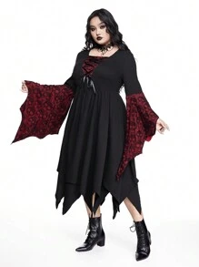 ROMWE Goth Đầm ôm body tay cánh dơi họa tiết đầu lâu Giáng sinh cỡ lớn ren màu tương phản viền bất đối xứng - màu đen - Xem 6