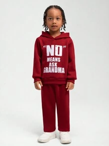 SHEIN Set de ținute pentru băieți, 2 bucăți, include hanorac cu mânecă lungă cu imprimeu grafic și pantaloni cu talie elastică de culoare uni, ocazional și la modă pentru copii mici, potrivit pentru călătorii și vacanțe, toamnă/iarnă - Burgundia - Vizualizare 6