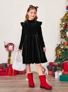 SHEIN Tween Girl Solid Color Velvet Knit Ruffle Trim Long Sleeve Dress, Suitable For Christmas - Black - View 6
