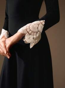 MOTF PREMIUM BOAT NECK CONTRAST GUIPURE LACE FLARE SLEEVE DRESS WITHOUT BELT - Black - View 3