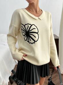 EURMUSE 1 件女士休闲花卉刺绣落肩毛衣，适合秋冬季