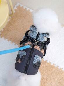 PETSIN 1 件宠物法兰绒拼接灰色和黑色皮带连接保暖棉袄，秋冬季可爱设计 - 灰色 - 查看 2