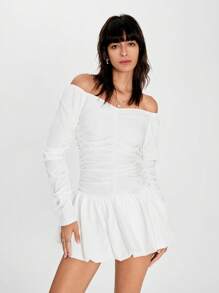 SHEIN EZwear 女士优雅纯色露肩荷叶边下摆修身连衣裙，春夏 - 白色 - 查看 4