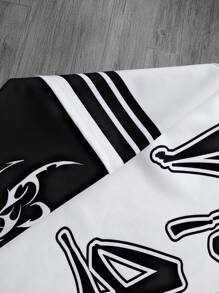 Manfinity EMRG 2 件套男士休闲拼色卡通印花圆领运动衫和直筒裤套装，秋季 - 黑色 - 查看 8