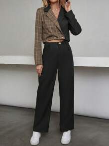 EMERY ROSE Plaid Patchwork Cropped Suit Jacket And Pants Set Fall Cloth For Women - Black - View 3
