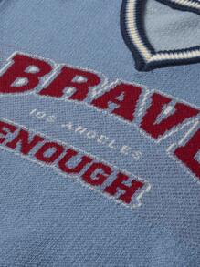 Aesthetic Post 男士宽松字母条纹 V 领长袖休闲毛衣，秋冬 - 藍色 - 查看 4