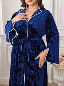 Al Najma New Elegant Arabian Women Plus Size Long Velvet Flower Detailed Ribboned Dress, Elegant Maxi Modest Long Sleeve Jalabiya Arabian Dresses, For Evening Party/Wedding Guest/Anniversary