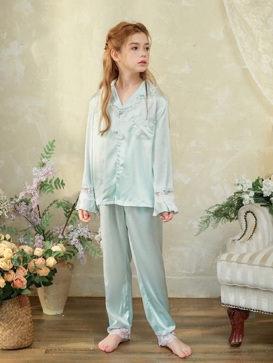 Bộ 2 món/bộ cho bé gái tuổi teen thanh lịch vải họa tiết hoa áo tay raglan và quần dài, đồ mặc ở nhà - Màu xanh Bạc hà - Xem 1