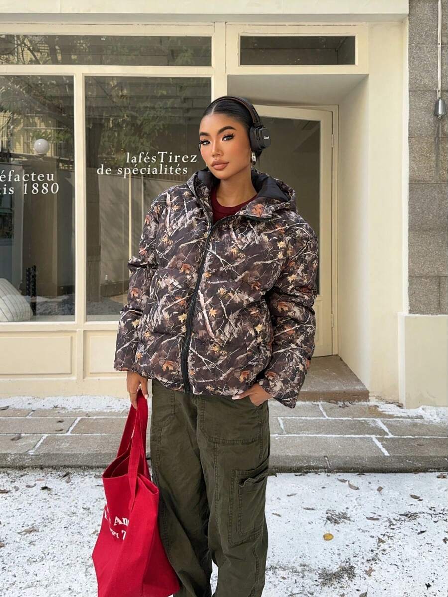 SHEIN EZwear 1pc Women All-Over Print Hooded Zipper Up Cotton Padded Padded Coat - Multicolor - View 1