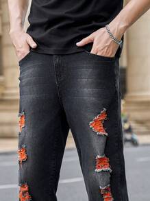 Manfinity Homme Men's Casual Acid Wash Distressed Tapered Jeans - Black - View 7