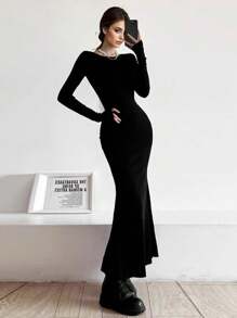 INAWLY 1pc Women Solid Color Boat Neck Slim Fit Elegant Long Sleeve Long Dress Fall Cloth For Women - Black - View 2