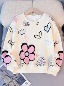 SHEIN Teen Girls White Knitted Round Neck Floral & Doodle Pattern Cute Casual Sports Loose Pullover Top,In Fall/Winter - Apricot - View 5