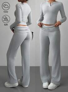 SHEIN BASICS Bộ 2 món dành cho nữ: Áo thun bó cổ tròn màu trơn đơn giản tay dài & Quần ống đứng cạp cao, mùa thu - Màu Xám nhạt - Xem 1