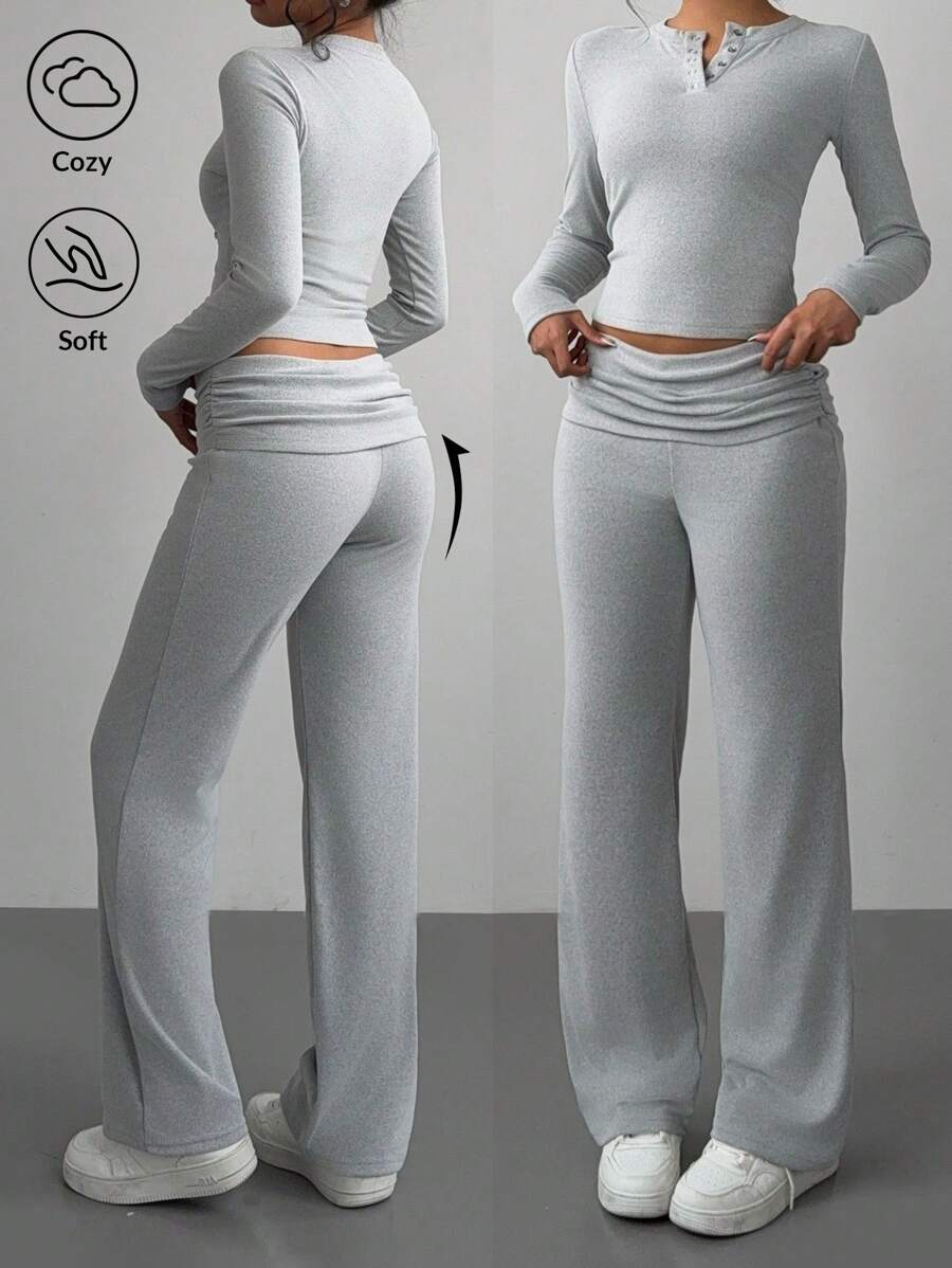 SHEIN BASICS Bộ 2 món dành cho nữ: Áo thun bó cổ tròn màu trơn đơn giản tay dài & Quần ống đứng cạp cao, mùa thu - Màu Xám nhạt - Xem 1