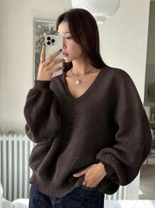 DAZY 女士纯色 V 领落肩长袖休闲宽松套头衫，秋冬，秋季女装