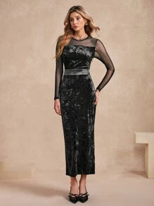 SHEIN Unity Women Fitted Velvet Midi Dress Maxi Women Outfit Fall Cloth For Women - Black - View 3