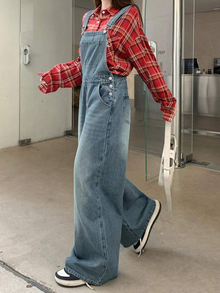 DAZY Women's Casual Denim Bib Pants, Minimalist Fashion, Everyday Wear - Medium Wash - View 1