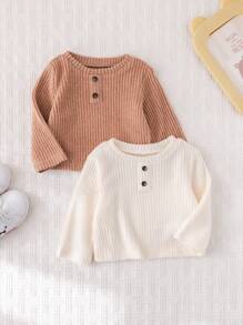 SHEIN 2 chiếc áo len dệt kim cổ tròn tay dài ấm áp kết cấu đơn giản thường ngày cho bé trai/bé gái sơ sinh, đa năng cho cả trong nhà và ngoài trời, mùa thu/đông - Màu Khaki - Xem 6