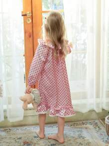 SHEIN Young Girl Soft Long Sleeve Long Nightgown, Elegant And Heart Pattern Design, Comfortable Home Wear