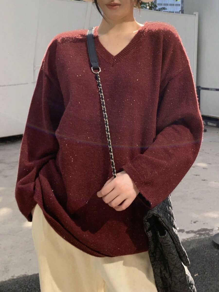 DAZY Women's Casual Loose V-Neck Drop Shoulder Sweater For Autumn/Winter Valentine Valentine's Day,Fall Women Clothes - Red - View 1