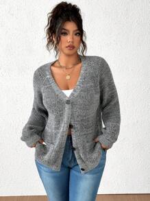 Calvaya Áo len cardigan dệt kim cổ chữ V chấm bi cỡ lớn cho nữ, mùa đông - Xám - Xem 1