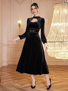 Modelyn Elegant Velvet Embroidered Dress, Winter - Black - View 5