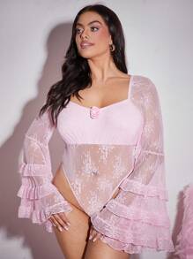 SHEIN SXY Plus Size Women's Solid Cute & Sexy Lace Patchwork Multi-Layer Ruffle Hem Extra Long Flared Sleeve High Slit Bodysuit, Suitable For Date Night, Birthday, Bachelorette Party Outfit, Cute, Casual, Shopping, Streetwear, Going Out, Easy To Match & Looks Slim, Accentuates The Body, Flattering Figure - Pink - View 3