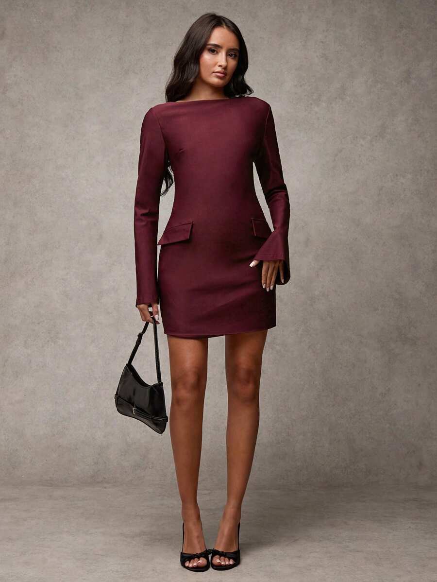 SHEIN BAE Váy mini mỏng tay chuông màu đỏ tía thanh lịch cho nữ Váy dạ hội Váy dạ hội ngắn mùa thu cho nữ Váy đỏ tía cho nữ Váy công sở thường ngày mùa thu cho nữ Váy dài đến đầu gối cho nữ Trang phục Giáng sinh mùa thu cho nữ/Váy công sở Siren/Váy trang trọng/Váy lễ tạ ơn cho nữ/Váy mini tay dài/Váy Giáng sinh cho nữ/Váy đỏ tía - Màu Đỏ Sâu - Xem 1
