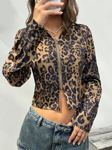 INAWLY Chemise décontractée pour femmes à col châle imprimé léopard, avec fermeture éclair devant, manches longues