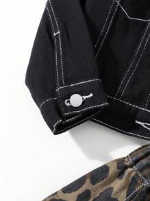 SHEIN 2pcs/Set Young Girl Denim Jacket With Leopard Print Collar & Leopard Print Skirt, Matching Outfit - Black - View 5