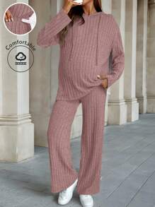 SHEIN 2pcs Pregnant Women Casual Solid Color Drawstring Hooded Top And Pants Set, Autumn/Winter - Dusty Pink - View 1