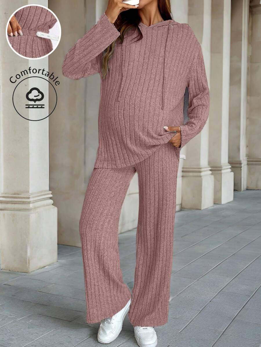 SHEIN 2pcs Pregnant Women Casual Solid Color Drawstring Hooded Top And Pants Set, Autumn/Winter - Dusty Pink - View 1
