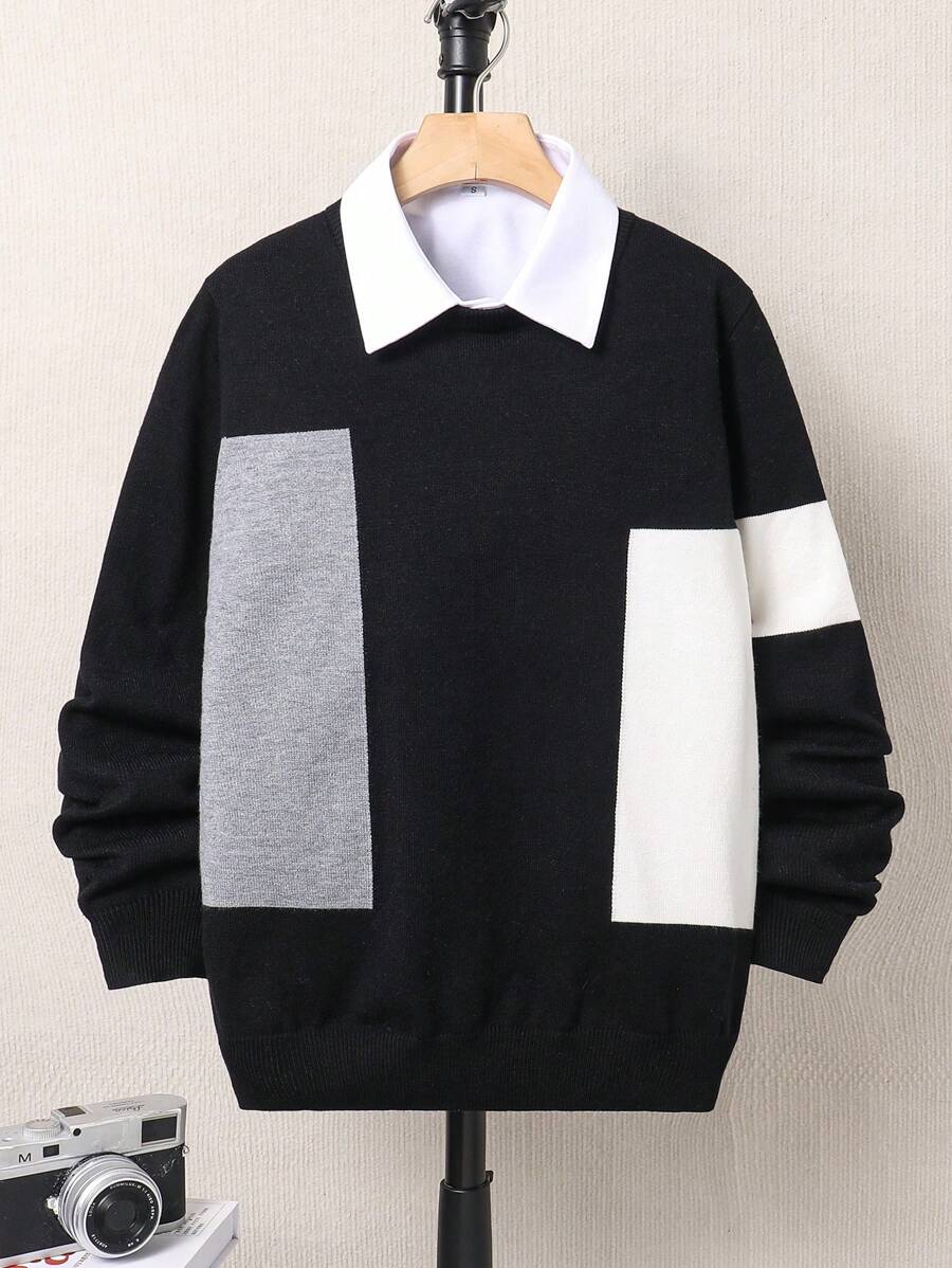 Tween Boys Casual Color Block Crew Neck Loose Fit Warm Long Sleeve Knitted Sweater