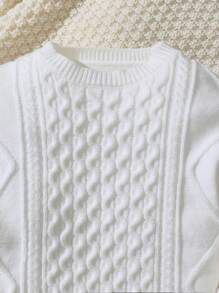SHEIN Leap Crew Young Boy Twist Texture Round Neck Long Sleeve Sweater, Comfortable And Warm, Suitable For Commute, School, Casual, Street Photography, Party And Outdoor Activities,In Fall/Winter - White - View 5