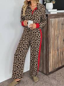 Chiquease 2 Stücke Damen Leoparden-Muster Patchwork rote Hosen, Lässig Pendelanzug, Herbst für Neujahrskleidung