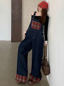 DAZY Peto vaquero casual de mujer con parche de tartán, minimalista y de moda para uso diario