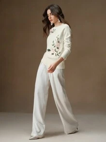 Anewsta Women Elegant Flower Embroidered Raglan Sleeve Casual Sweater Knit Pullover Fall Winter - White - View 6