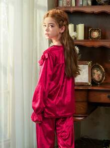 Girls Velvet Solid Color With Lace Trim Long Pants & Long Sleeve Casual Comfortable 2 Pieces Pajama Set