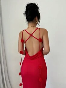 Chiquease French Fashion Sexy Bodycon Spaghetti Strap Ruffled Draped Neck Backless 3D Floral Knit Elastic Red Long Mermaid Dress For Women, Autumn For New Year Clothes Maxi Women Outfit - Red - View 3