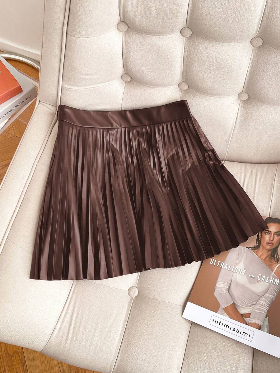 SHEIN Privé 女士高腰褶皱皮革迷你裙 - 咖啡棕 - 查看 1