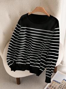 CosyJoli Plus Size Women Striped Round Neck Long Sleeve Casual T-Shirt, Autumn, For Winter Fall,Slightly Sheer