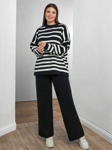 RueChic Women Irregular Stripe Pattern Round Neck Drop Shoulder Pullover & Sweater Pants Set