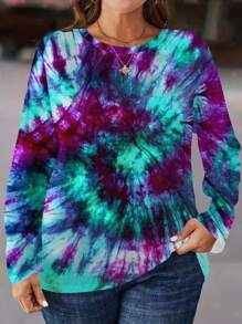 SHEIN LUNE 女式大码不对称扎染随机印花拼色长袖休闲T恤春季 - 彩色 - 查看 5