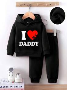 2 件装女婴时尚彩虹字母印花连帽衫和裤子套装，秋冬季休闲保暖服装 - 黑色 - 查看 3