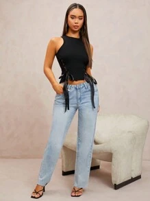 SHEIN SXY 女士纯色系带修身圆领无袖毛衣，优雅 - 黑色 - 查看 4