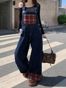 DAZY Peto vaquero casual de mujer con parche de tartán, minimalista y de moda para uso diario